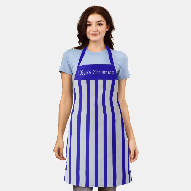 Delantal Apron Cafe Blue y Silver Stripe Feliz Navidad (Gastado)