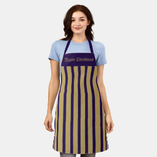 Delantal Apron Cafe Purple y Gold Stripe Feliz Navidad