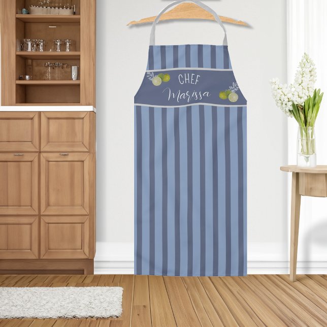 Delantal Apron, chef a rayas azules de la marina (Personalized Navy Blue Striped Chef Apron)