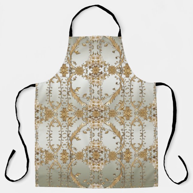 Delantal Apron con flores blancas ornadas doradas (Anverso)