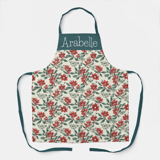 Delantal Apron con flores de Bearberry y crema con hojas ve (Anverso)