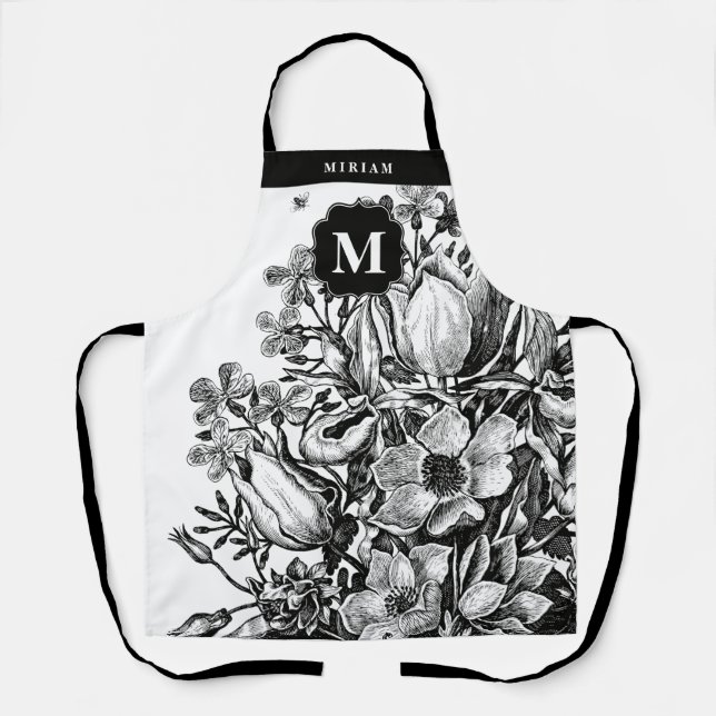Delantal Apron con monograma blanco y negro floral  (Anverso)