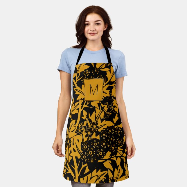 Delantal Apron con monograma floral de venado amarillo negr (Gastado)