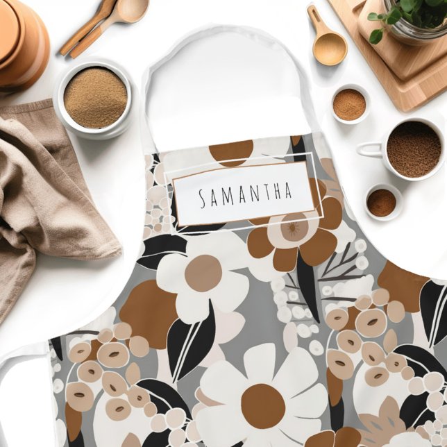 Delantal Apron con nombre floral moderno retro de mediados  (Get creative in the kitchen with our personalized Floral Boho Mid Century Modern apron! )