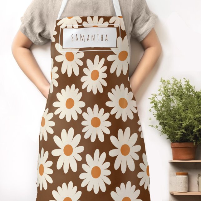 Delantal Apron con nombre floral moderno retro de mediados  (Indulge in the retro charm of our Wild on Flowers apron.  Cook in style and let your name shine!)