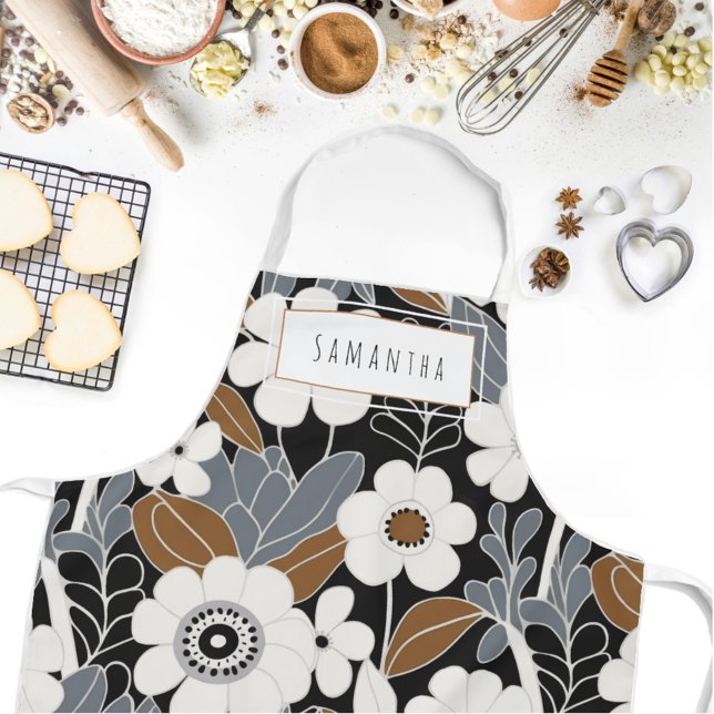 Delantal Apron con nombre floral moderno retro de mediados  (Indulge in the retro charm of our Wild on Flowers apron.  Cook in style and let your name shine!)