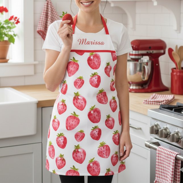 Delantal Apron con nombre personalizado de fresa de corte (sweet pretty strawberry apron with custom name monogram, personalized gift for her)