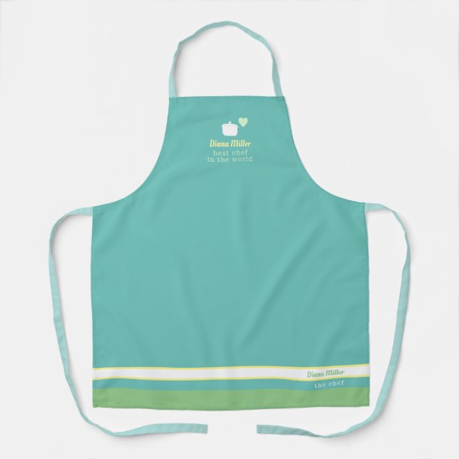 Delantal apron de chef azul verde azulado con su nombre (Anverso)