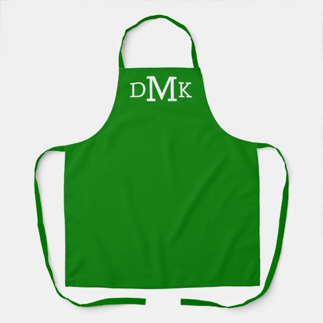 Delantal Aprón de chef verde y blanco monograma moderno (Anverso)