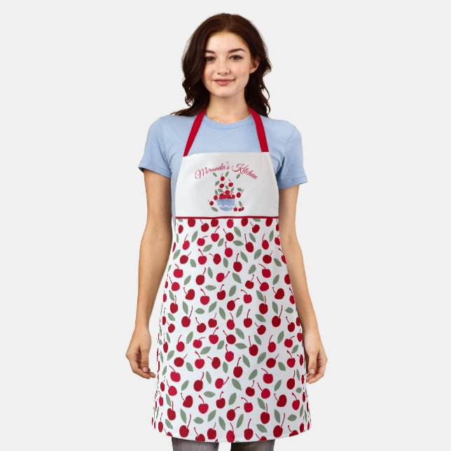 Delantal Apron de cocina con patrón de cerezas rojas (Gastado)