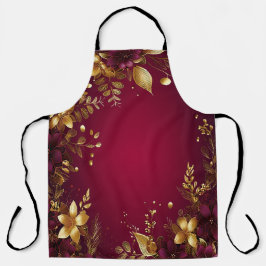 Delantal Apron de feriado de flores de oro rojas de Borgoña