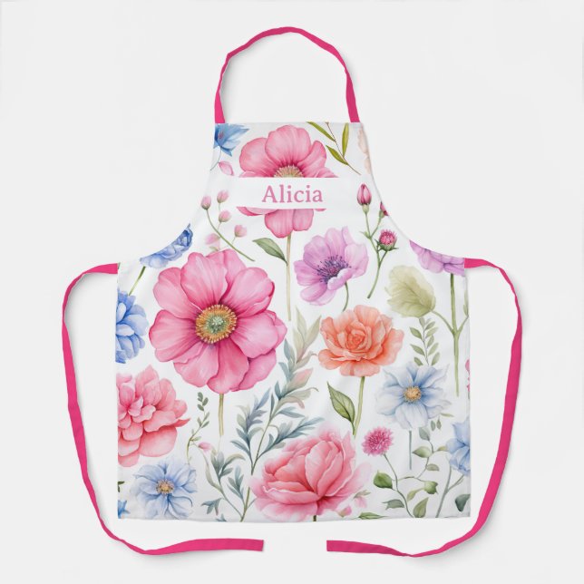 Delantal Aprón de flores florales de acuarela personalizada (Anverso)