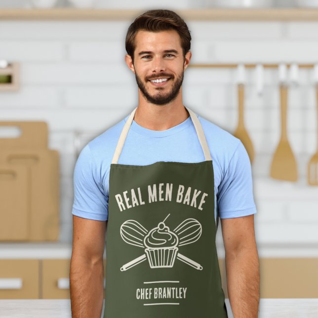 Delantal Apron de horneado de cocción de nombres personaliz ("real men bake" funny men's cooking baking apron with custom name cupcake and whisk design green )