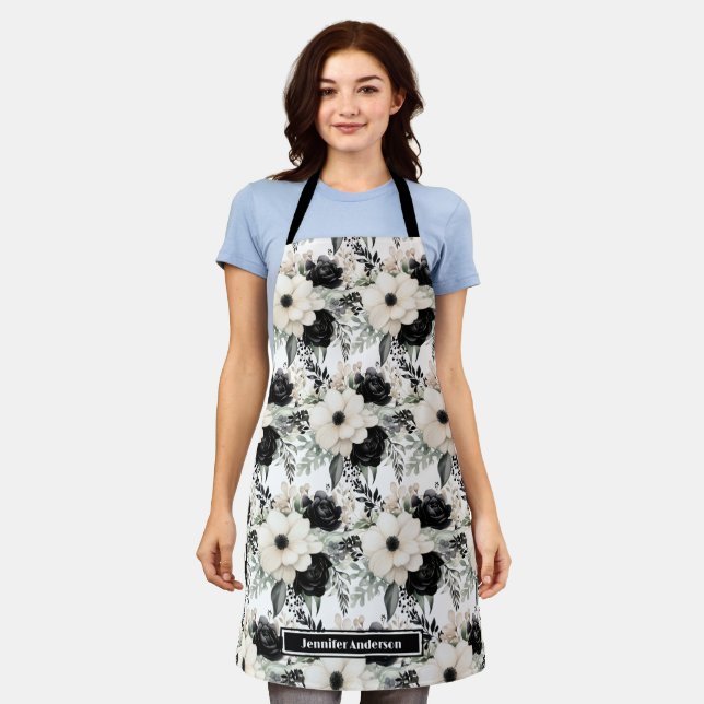 Delantal Apron de impresión floral blanca y negra de Giro m (Gastado)