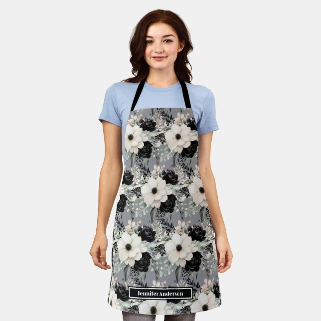Delantal Apron de impresión floral blanca y negra de Giro m (Gastado)
