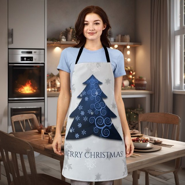 Delantal Apron de impresión todo sobre árbol de Navidad azu (Blue Festive Christmas Tree Apron)