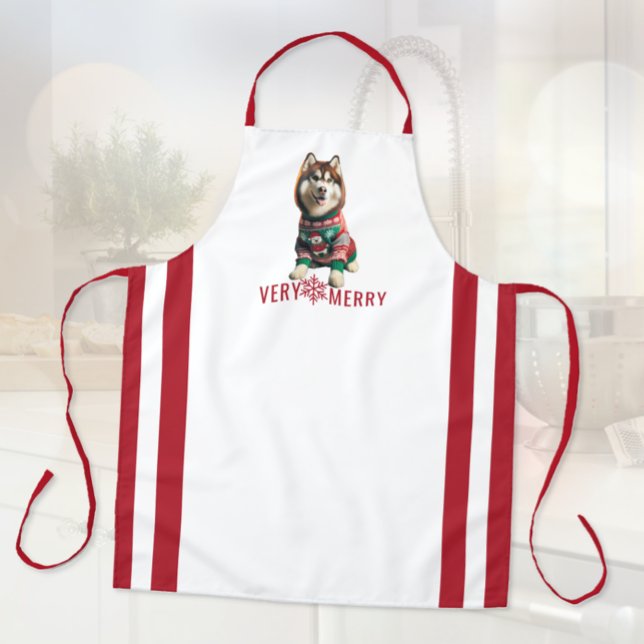 Delantal Apron de impresión todo-sobre de vacaciones Husky  (Christmas Holiday Siberian Husky print apron)