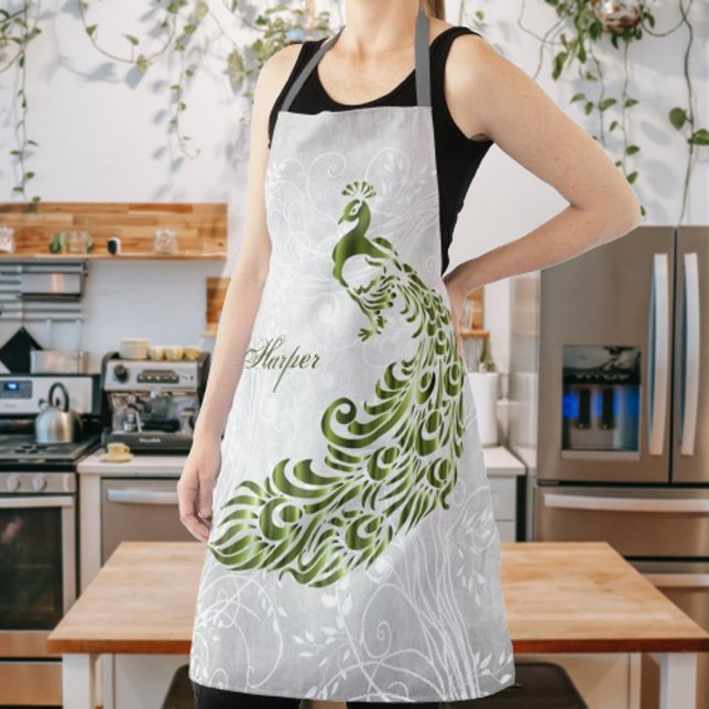 Delantal Aprón de impresión todo sobre Peacock verde person (Green Peacock Personalized All Over Print Apron)