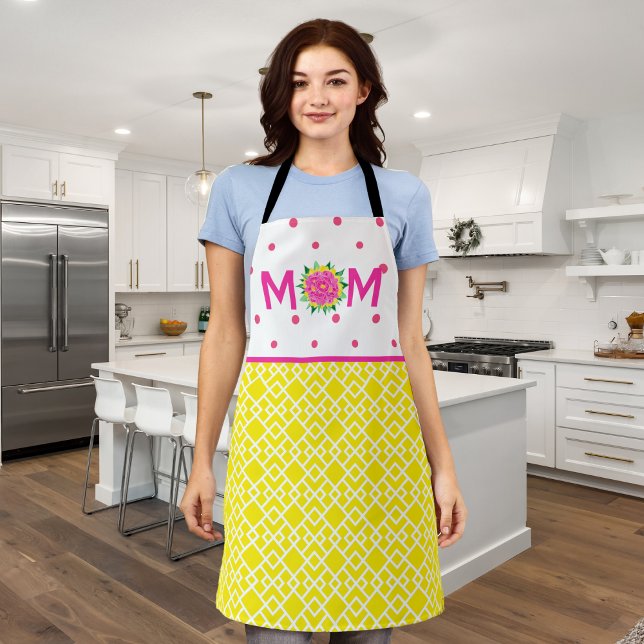 Delantal Apron de la mamá del tulipán rosa y amarillo perri (Preppy Pink and Yellow Tulip Bouquet Mom Apron)