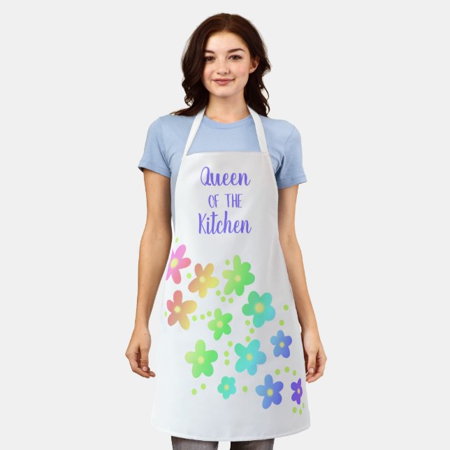 Delantal Apron de la Reina de la Cocina con flores de arcoi (Gastado)