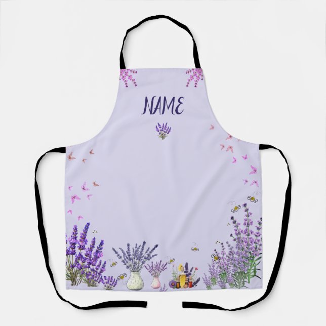 Delantal Apron de lavanda morada con mariposas y abejas (Anverso)