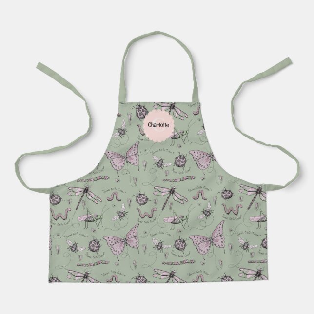 Delantal Apron de niños de insectos verdes y rosas (Anverso)
