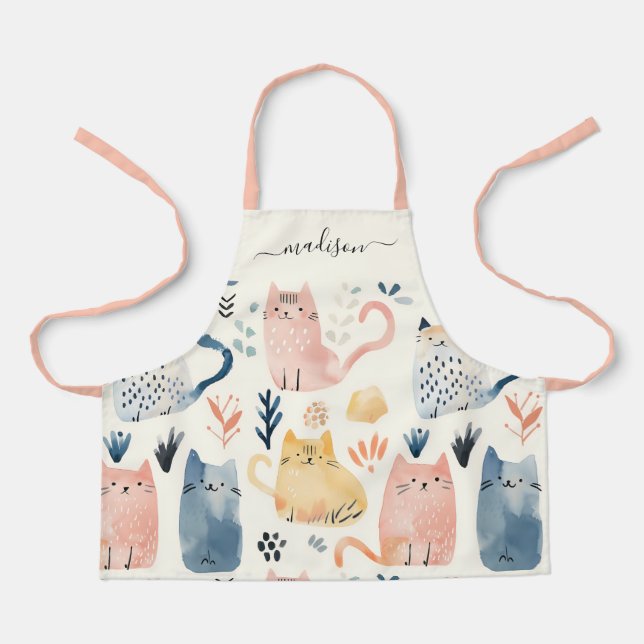 Delantal Apron de nombre de guión de patrón de gato (Anverso)