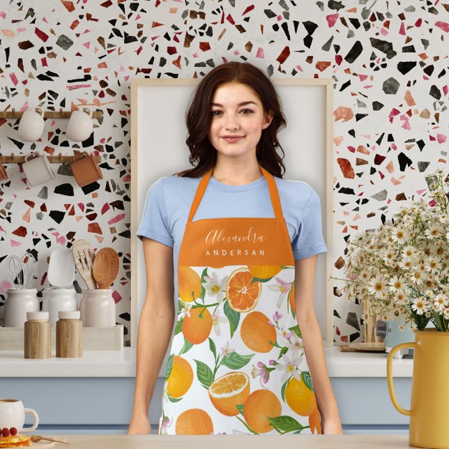 Delantal Aprón de patrón de cítricos Naranja personalizado (Orange Citrus Watercolor Script Name Stylish Chef Apron)