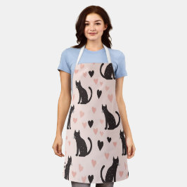 Delantal Apron de patrón de gato negro lindo - Corazones y 