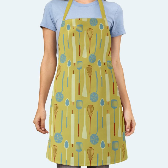 Delantal Apron de Utensils de cocina retro (Retro kitchen utensils fun yellow apron for your favorite cook, chef or baker)