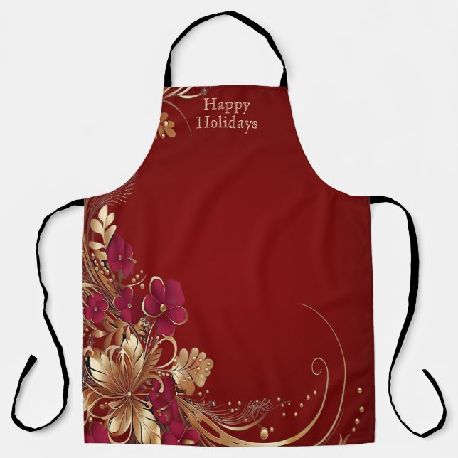 Delantal Apron de vacaciones florales de oro rojo (Anverso)
