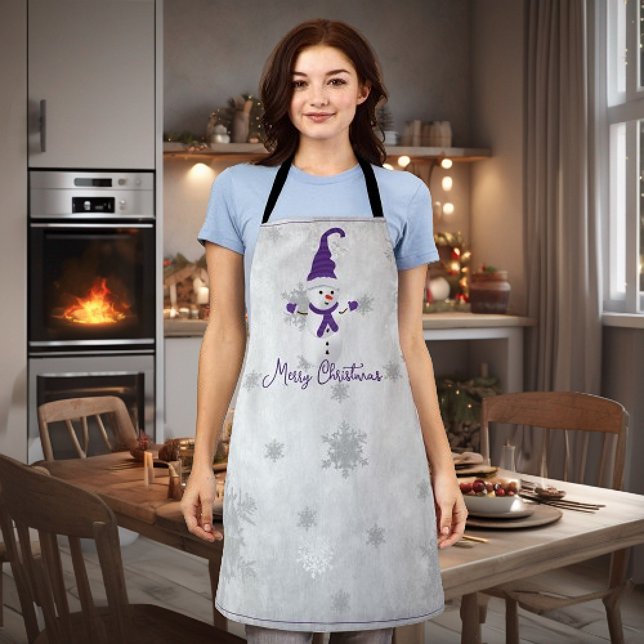 Delantal Apron de vacaciones Purple Cute Snowman (Purple Cute Snowman Holiday Apron)