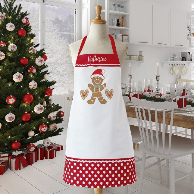 Delantal Apron del hombre del pan de jengibre de los Navida (Personalize this cute Christmas gingerbread man apron with your name for Christmas. )
