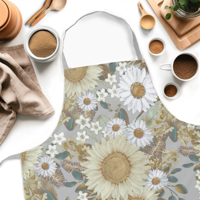 Delantal Aprón del patrón de girasol floral gris (Get creative in the kitchen with our Country Sunflower Womens apron! )