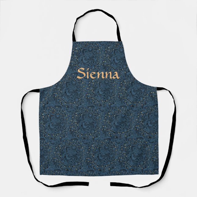 Delantal Apron en azul oscuro con estrellas y flores (Anverso)