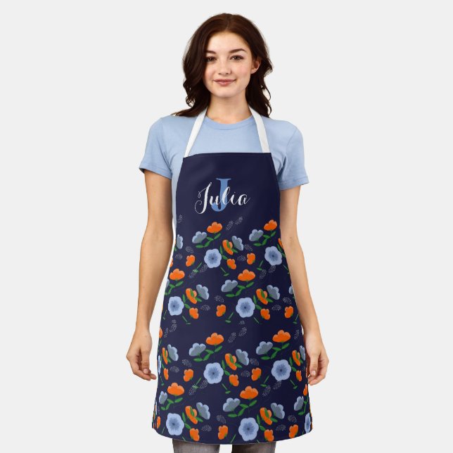 Delantal Apron floral azul y Naranja (Gastado)