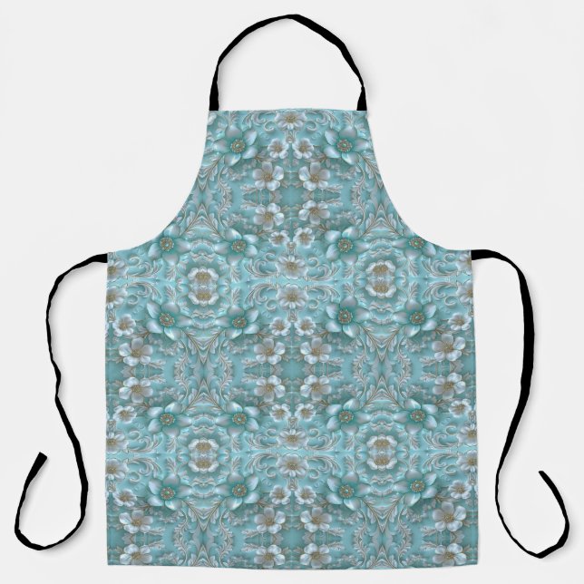 Delantal Apron floral blanca verde azulada (Anverso)