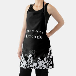Delantal Apron floral blanco y negro con nombre personaliza