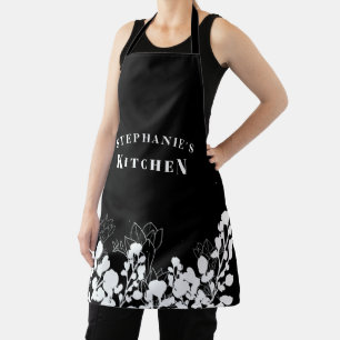 Delantal Apron floral blanco y negro con nombre personaliza