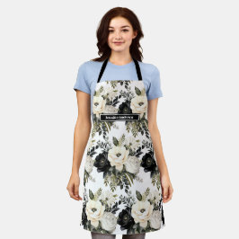Delantal Apron floral blanco y negro de tamaño mediano