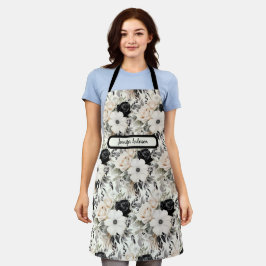 Delantal Apron floral blanco y negro de tamaño mediano