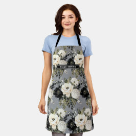 Delantal Apron floral blanco y negro de tamaño mediano