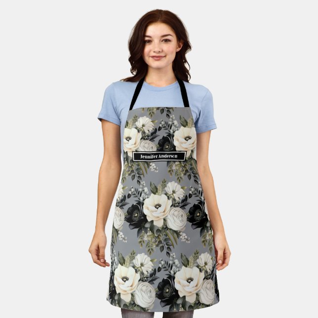 Delantal Apron floral blanco y negro de tamaño mediano (Gastado)