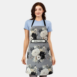 Delantal Apron floral blanco y negro de tamaño mediano