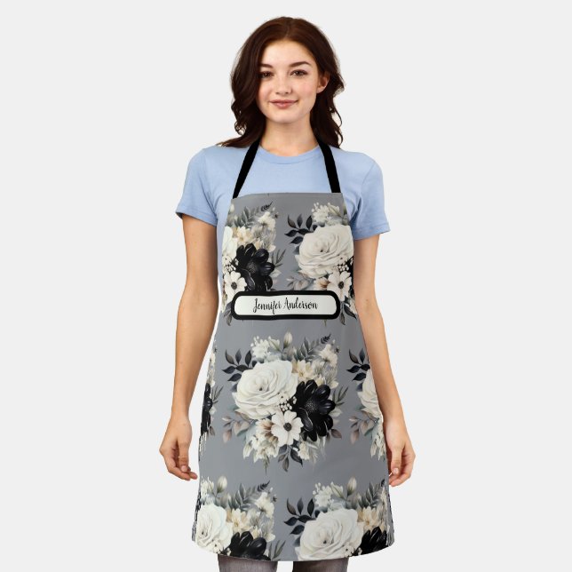Delantal Apron floral blanco y negro de tamaño mediano (Gastado)