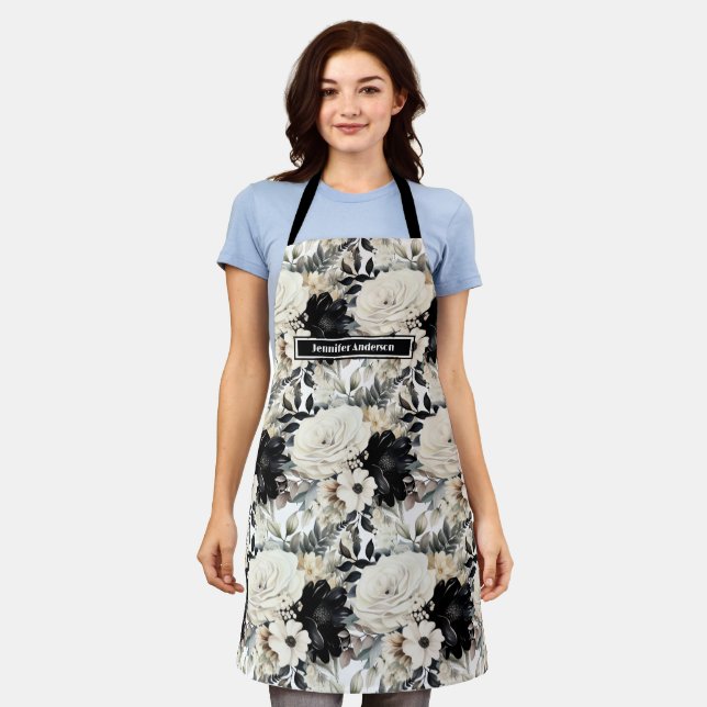 Delantal Apron floral blanco y negro de tamaño mediano (Gastado)