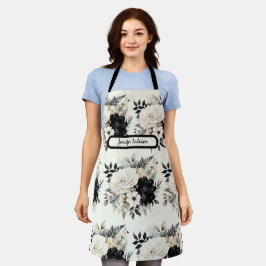 Delantal Apron floral blanco y negro de tamaño mediano