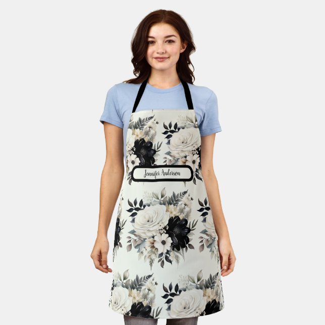 Delantal Apron floral blanco y negro de tamaño mediano (Gastado)