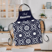 Apron floral folclórica blanca y naval