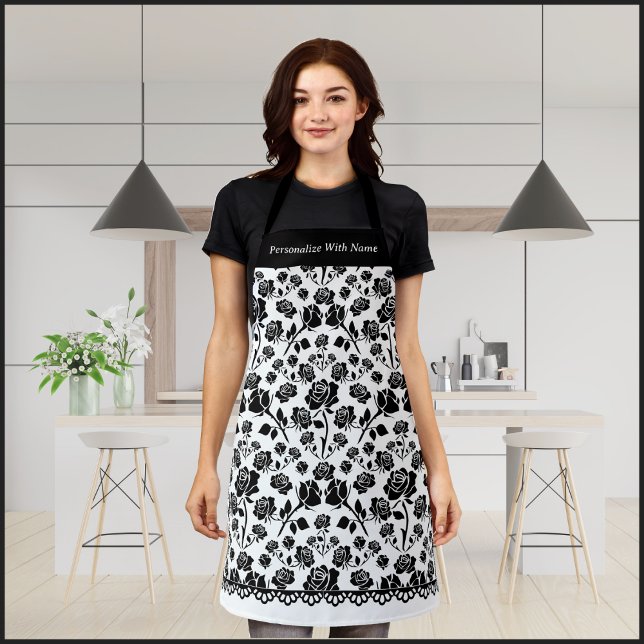 Delantal Apron floral rosa blanca y negra elegante (Timeless Black and White Rose Apron)